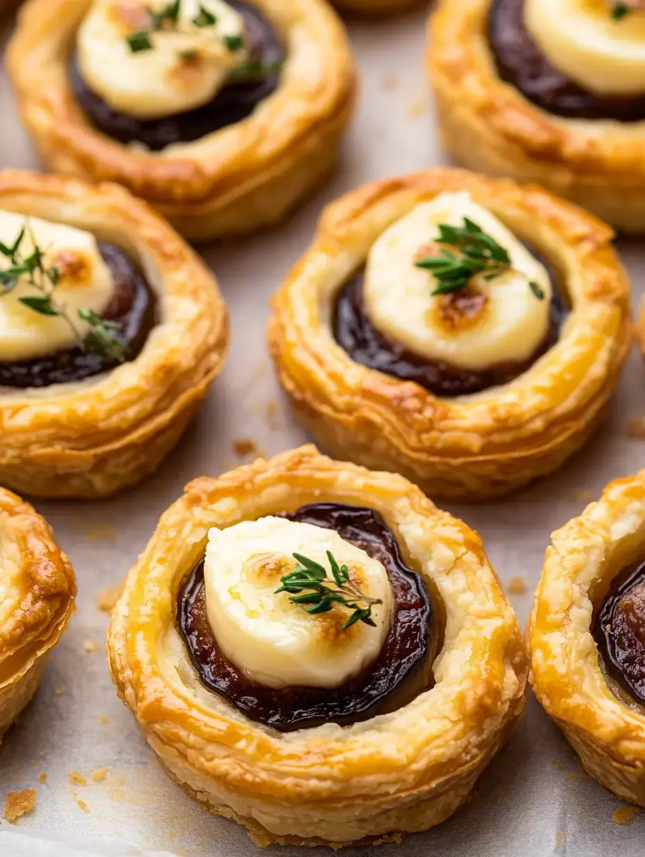 A close-up of golden pastry cups filled with dark fruit preserves and topped with a dollop of cream and a sprig of thyme.