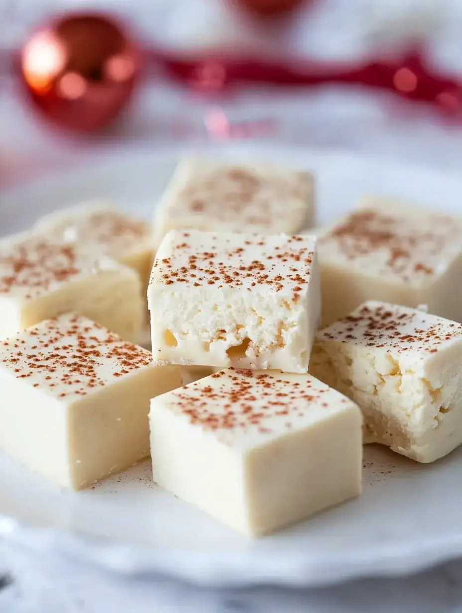 A plate of creamy, white fudge squares sprinkled with cocoa powder, set against a festive background.