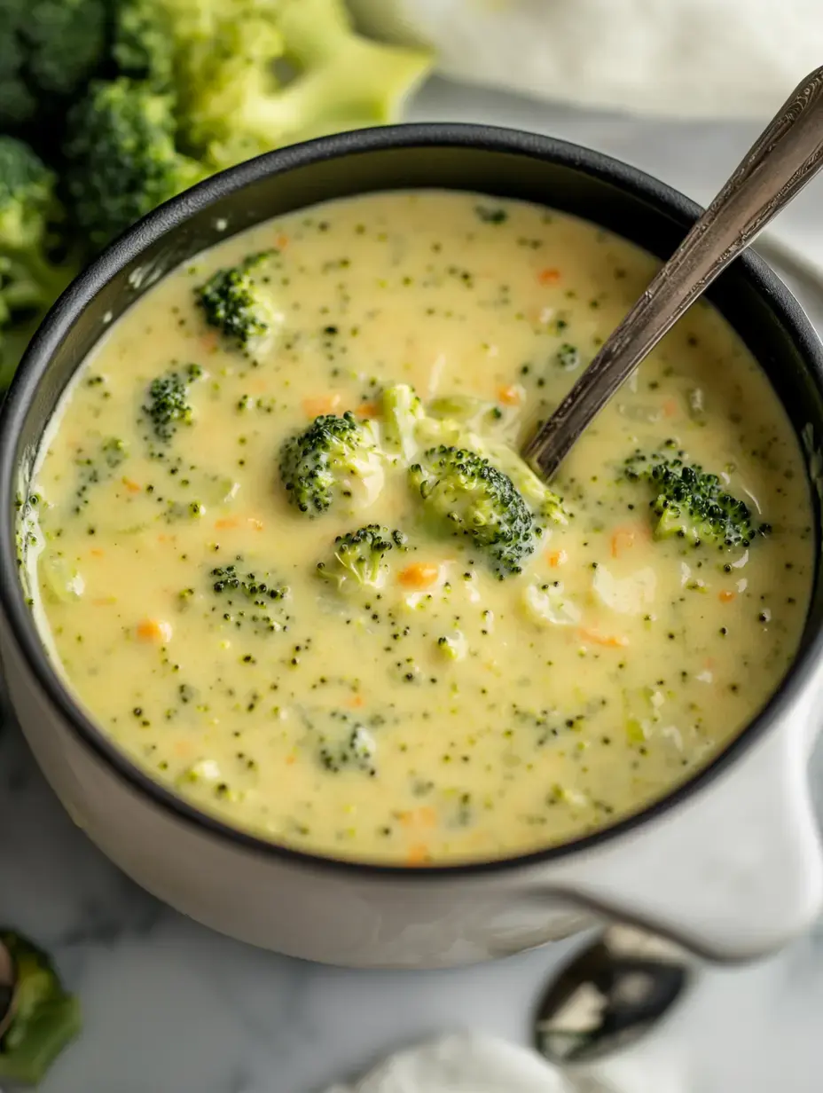 A creamy broccoli soup is served in a black bowl with a spoon resting inside, surrounded by fresh broccoli.