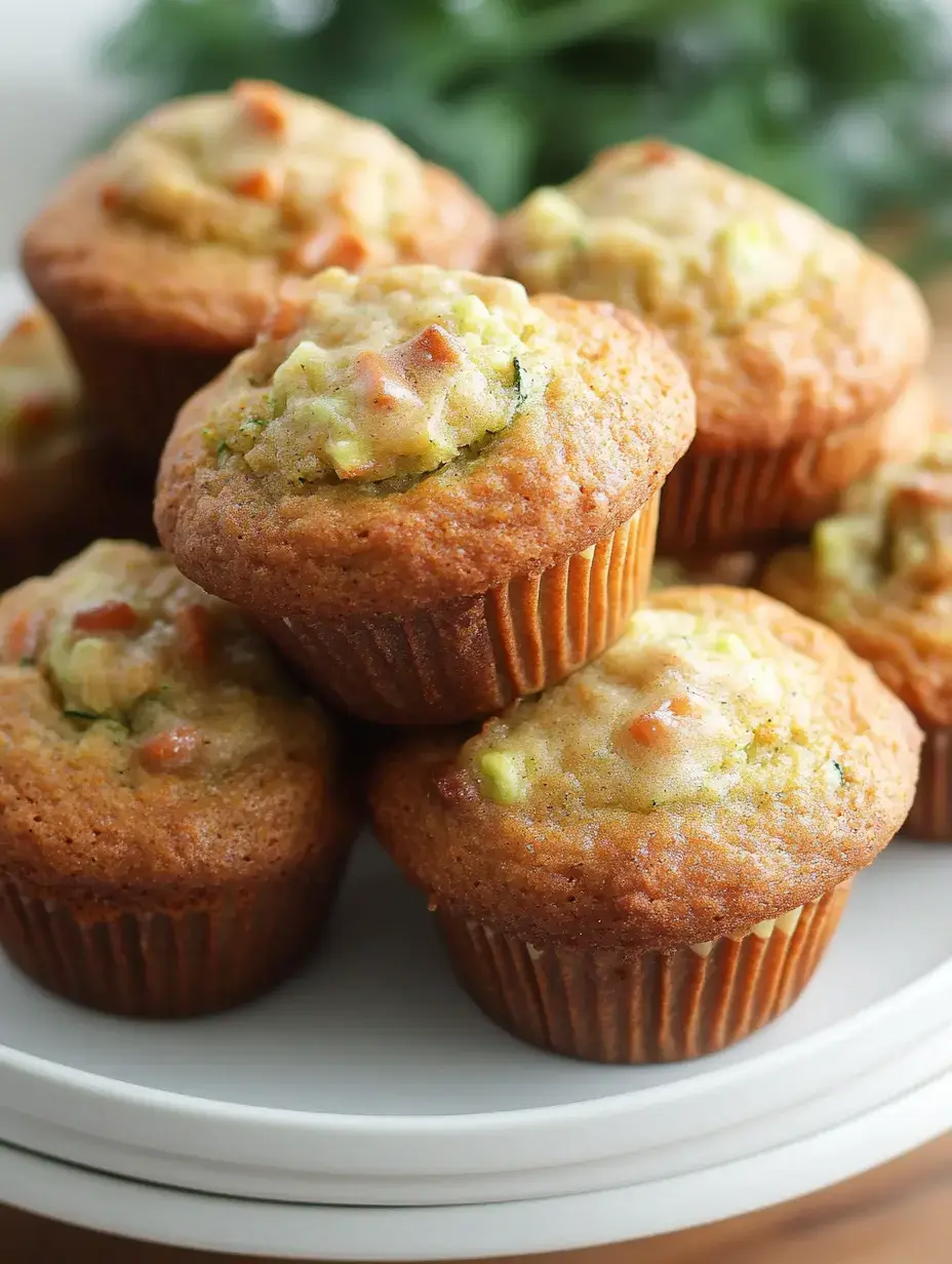 A stack of golden-brown muffins with a crumbly tops, displayed on a white plate, surrounded by greenery.