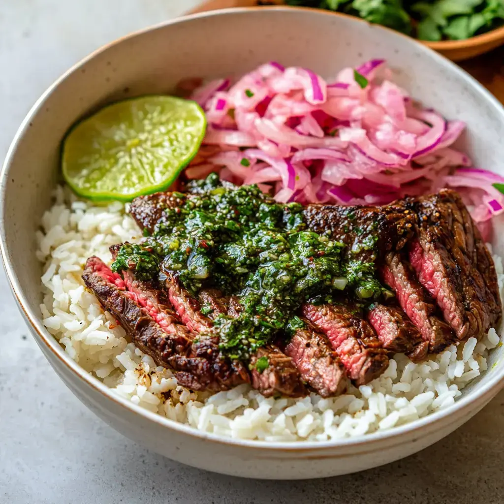 A bowl of rice topped with sliced steak drizzled in green sauce, accompanied by pickled onions and a lime wedge.