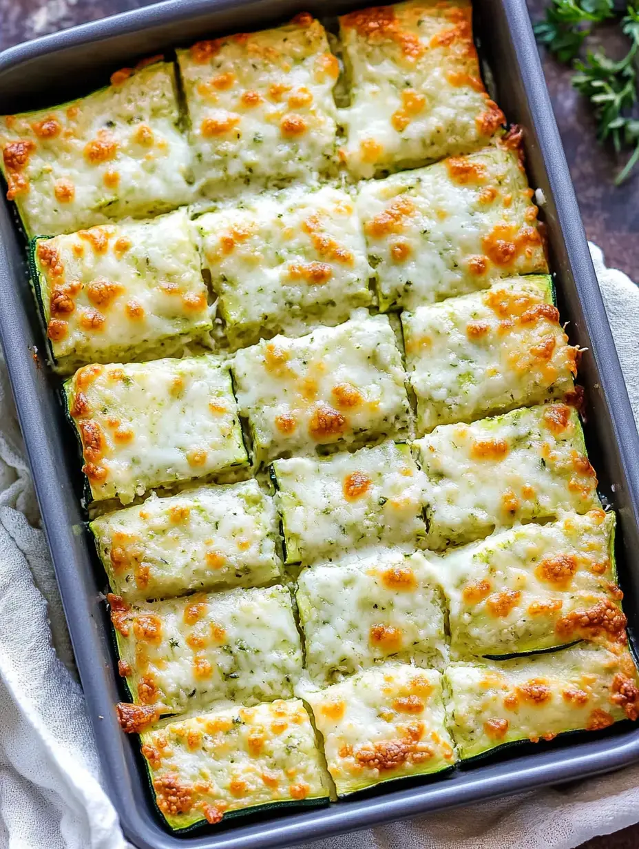 Baked zucchini lasagna is displayed in a gray baking dish, cut into square portions, with melted cheese bubbling on top.