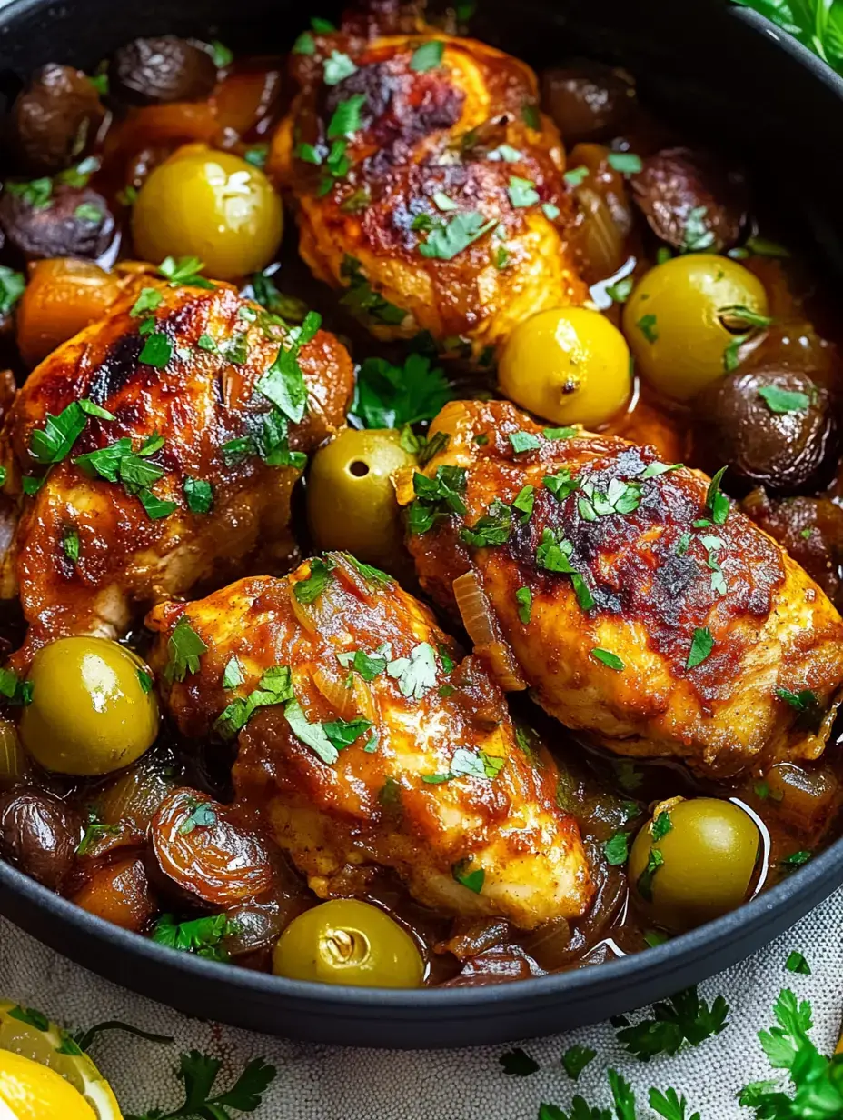 A close-up image of beautifully cooked chicken thighs garnished with cilantro, surrounded by green olives and dark, caramelized onions in a rich sauce.