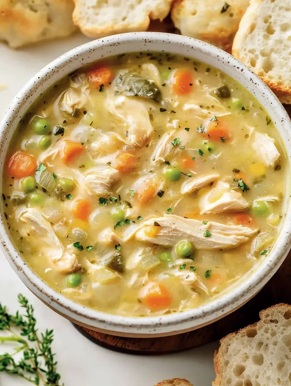 A bowl of chicken soup filled with shredded chicken, peas, carrots, and herbs, accompanied by slices of bread.