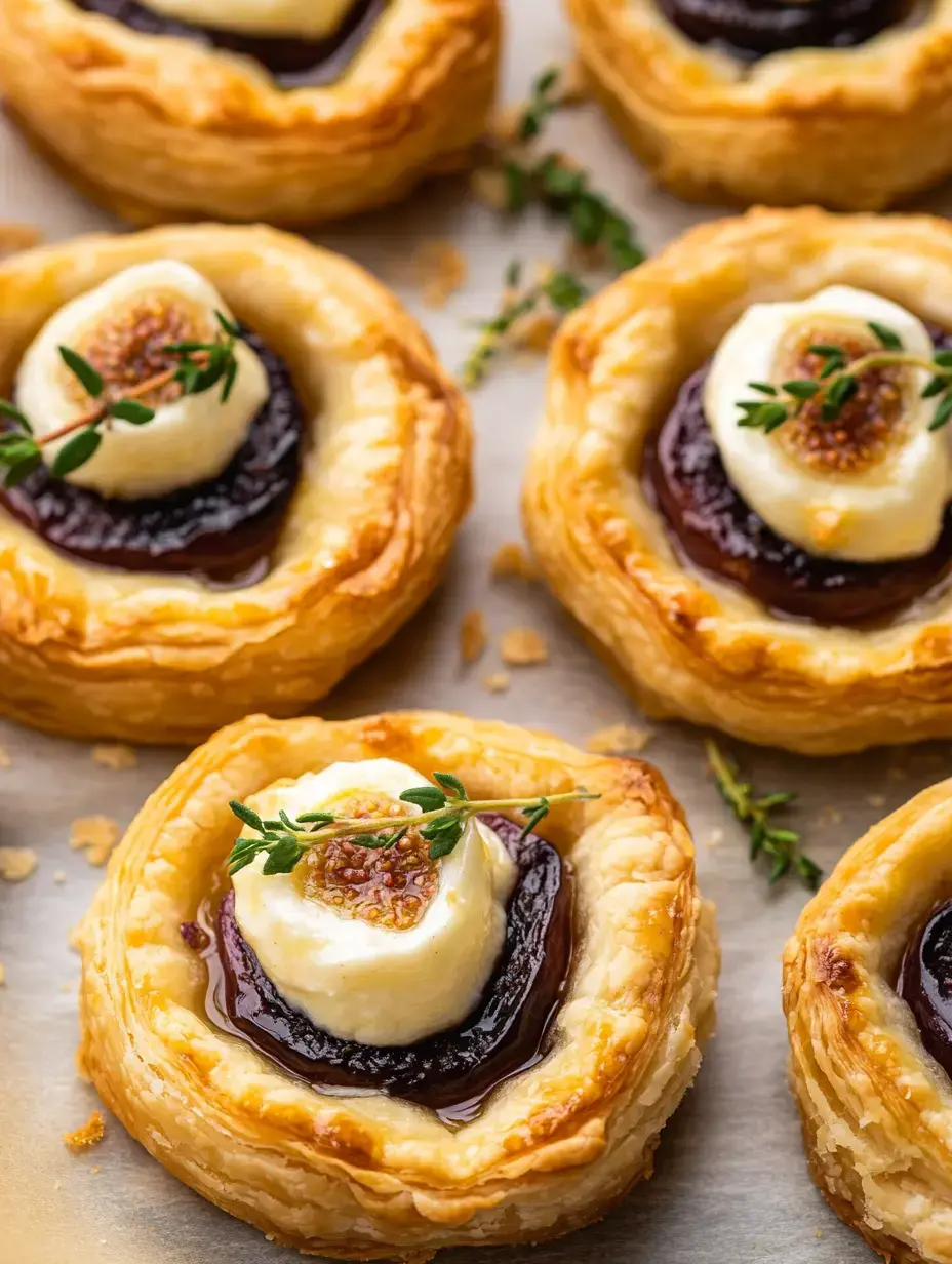 A close-up image of individual pastry tarts filled with dark fruit jam and topped with a dollop of creamy cheese, garnished with a sprig of thyme.