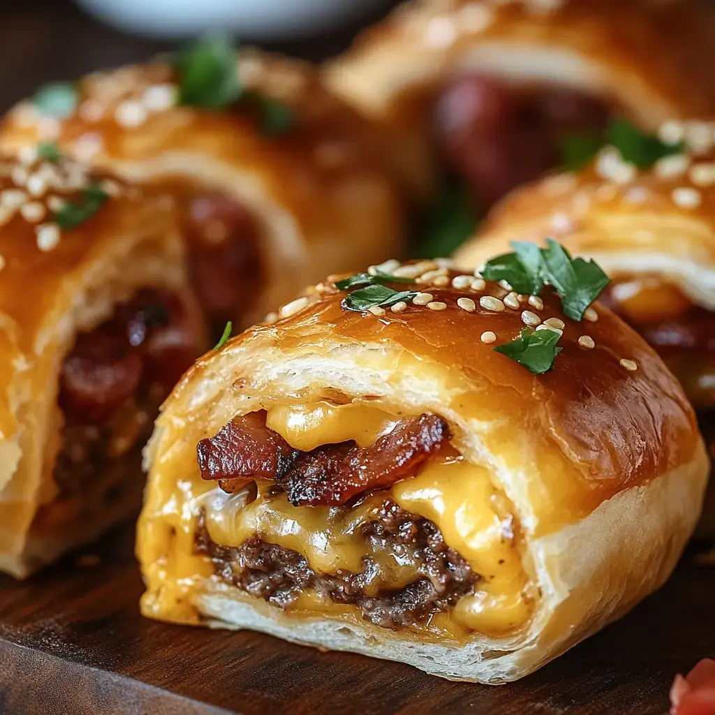 A close-up of golden-brown pastry rolls filled with layers of melted cheese, cooked meat, and topped with sesame seeds and herbs.