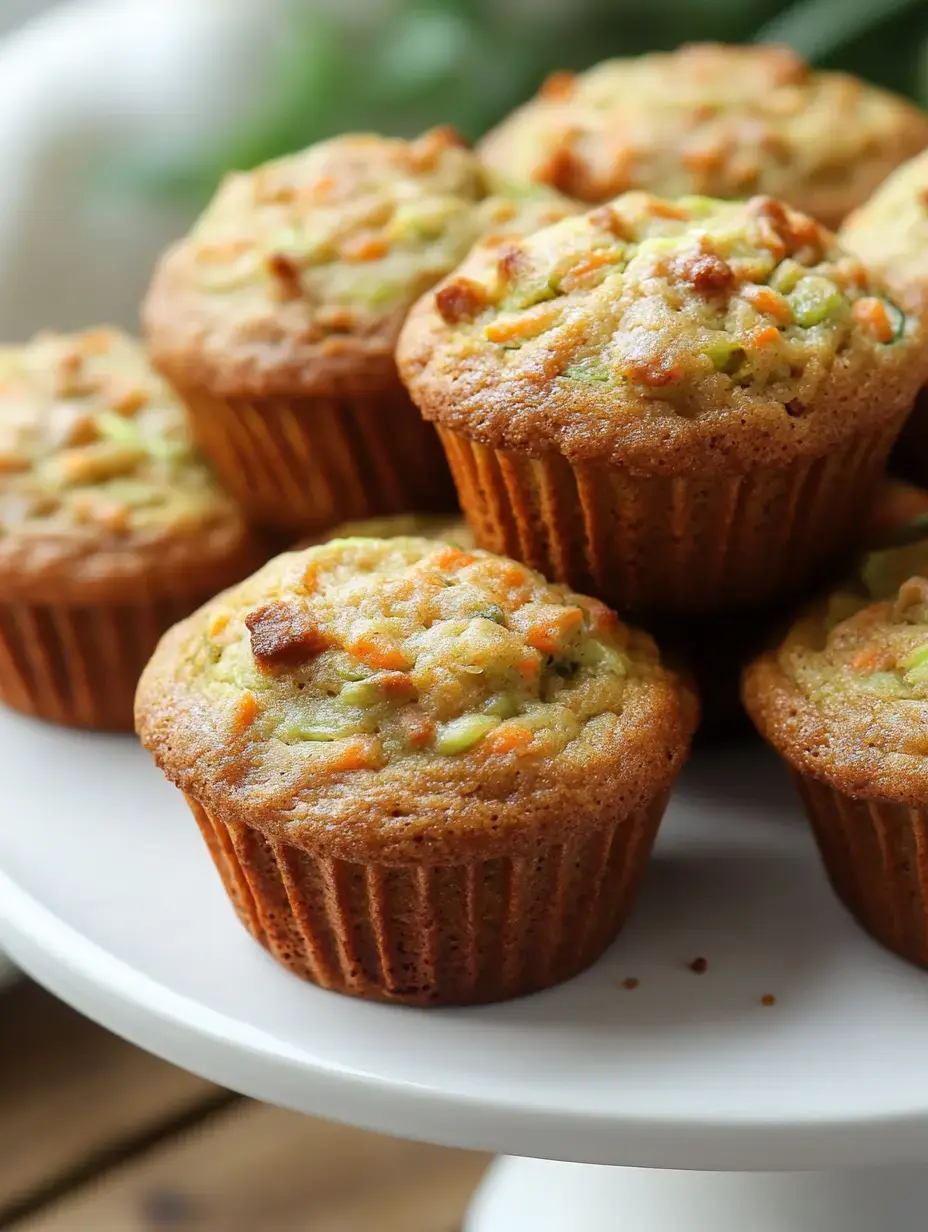 A close-up of freshly baked muffins with a golden-brown crust and visible carrot and zucchini pieces, displayed on a white cake stand.