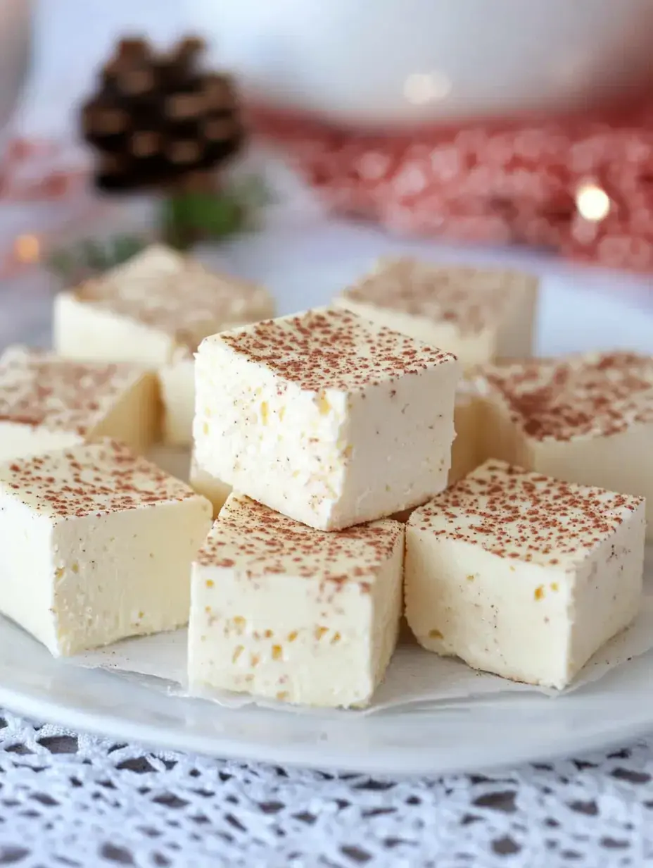 A plate of creamy white fudge squares dusted with a light coating of cocoa powder.