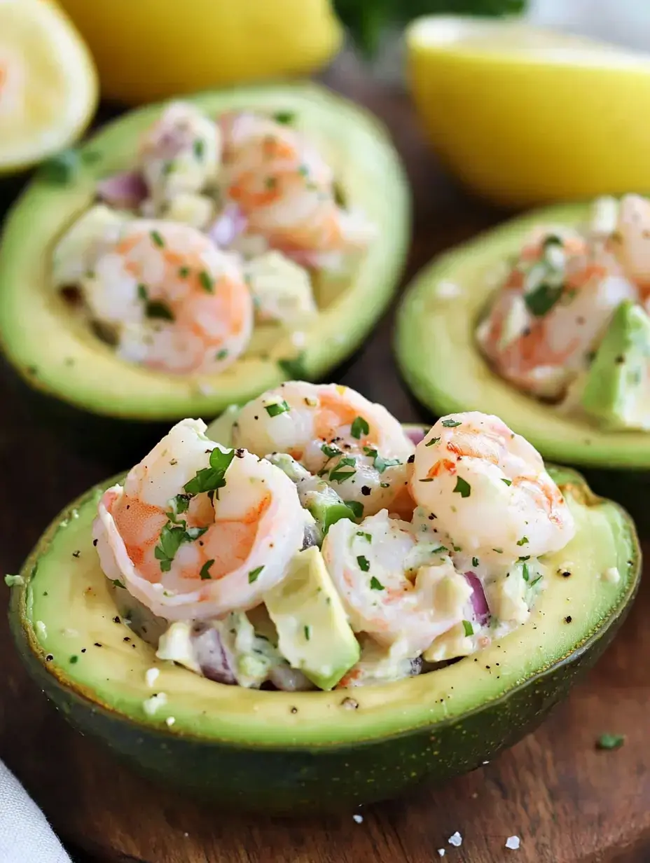 A split avocado is filled with a shrimp and avocado salad, garnished with herbs, alongside lemon halves.