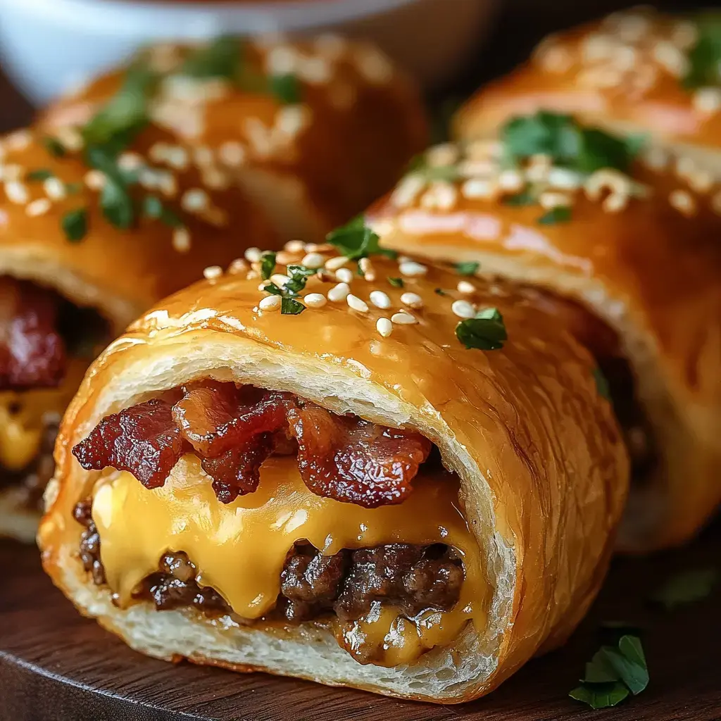 A close-up of a baked pastry roll filled with ground beef, melted cheddar cheese, and crispy bacon, garnished with sesame seeds and parsley.