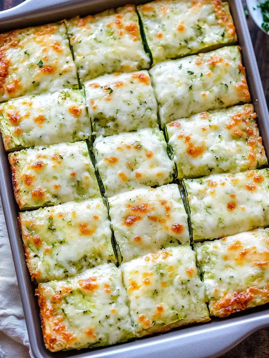 A close-up view of a rectangular baking dish filled with square pieces of baked zucchini lasagna topped with melted cheese.