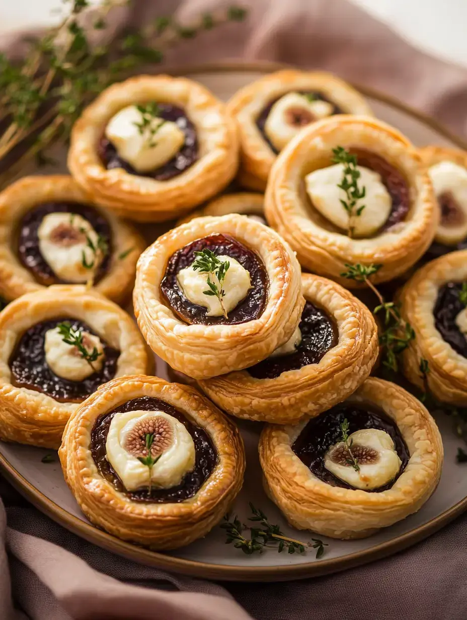 A plate of golden pastry cups filled with a dark fruit preserve and topped with creamy cheese and fresh thyme.