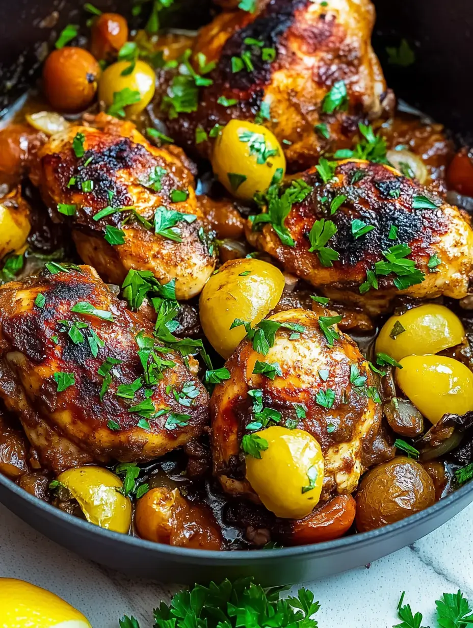 A close-up of cooked chicken thighs garnished with fresh parsley, surrounded by colorful vegetables and sauce in a dark cooking pot.