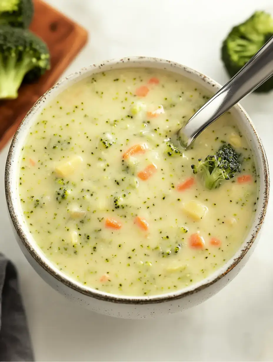 A creamy bowl of broccoli and vegetable soup with chunks of potatoes and carrots, accompanied by fresh broccoli on the side.