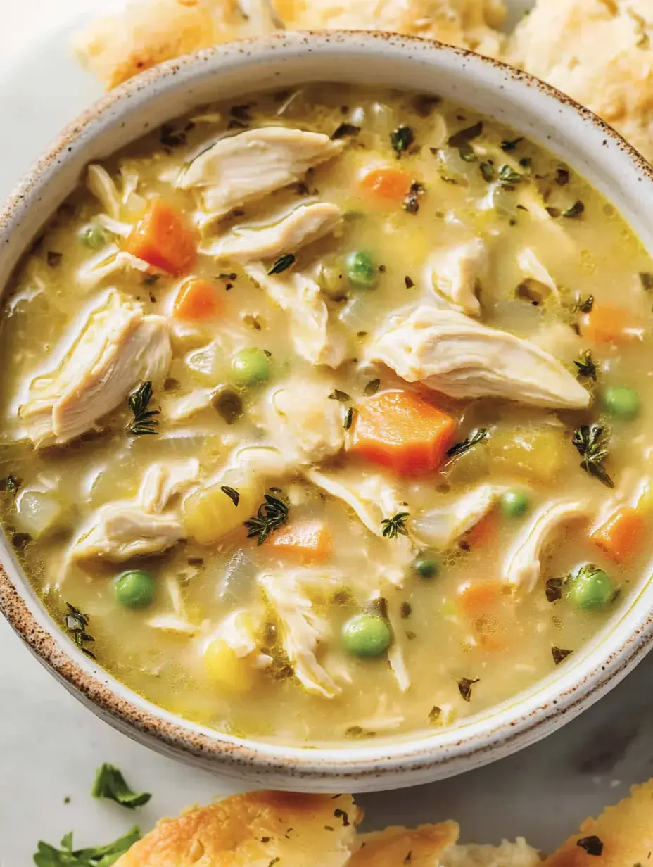 A bowl of chicken soup with shredded chicken, carrots, peas, and herbs, alongside pieces of bread.