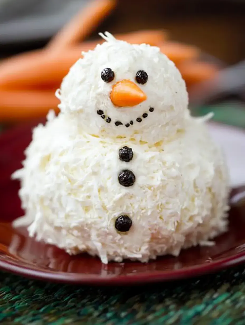 A snowman-shaped cake decorated with coconut, black buttons, and a carrot nose sits on a brown plate, with carrots in the background.