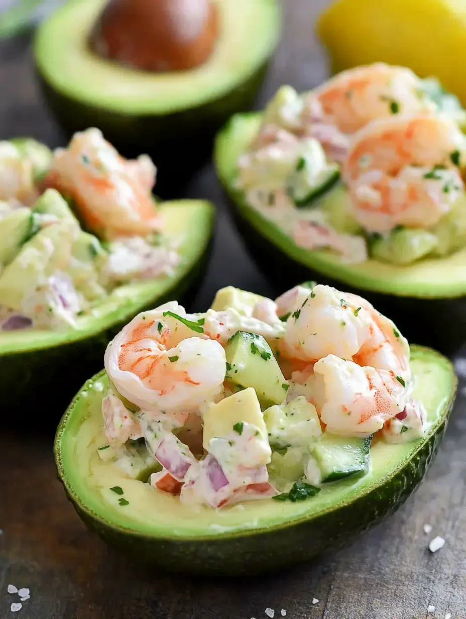 Three halved avocados filled with a shrimp and vegetable mixture, garnished with herbs, on a wooden surface.