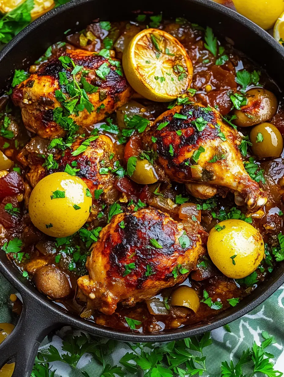 A close-up of a skillet filled with roasted chicken pieces, garnished with parsley and served with olives, lemon slices, and small potatoes in a savory sauce.