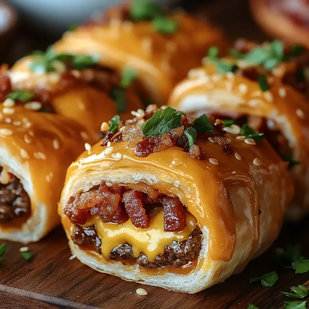 A close-up of delicious pastry rolls filled with ground beef, cheddar cheese, and crispy bacon, garnished with sesame seeds and chopped herbs.