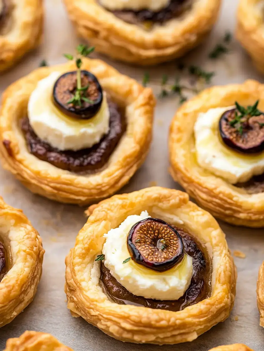 A close-up of flaky pastry tartlets topped with creamy cheese, fig slices, and fresh thyme, arranged on parchment paper.