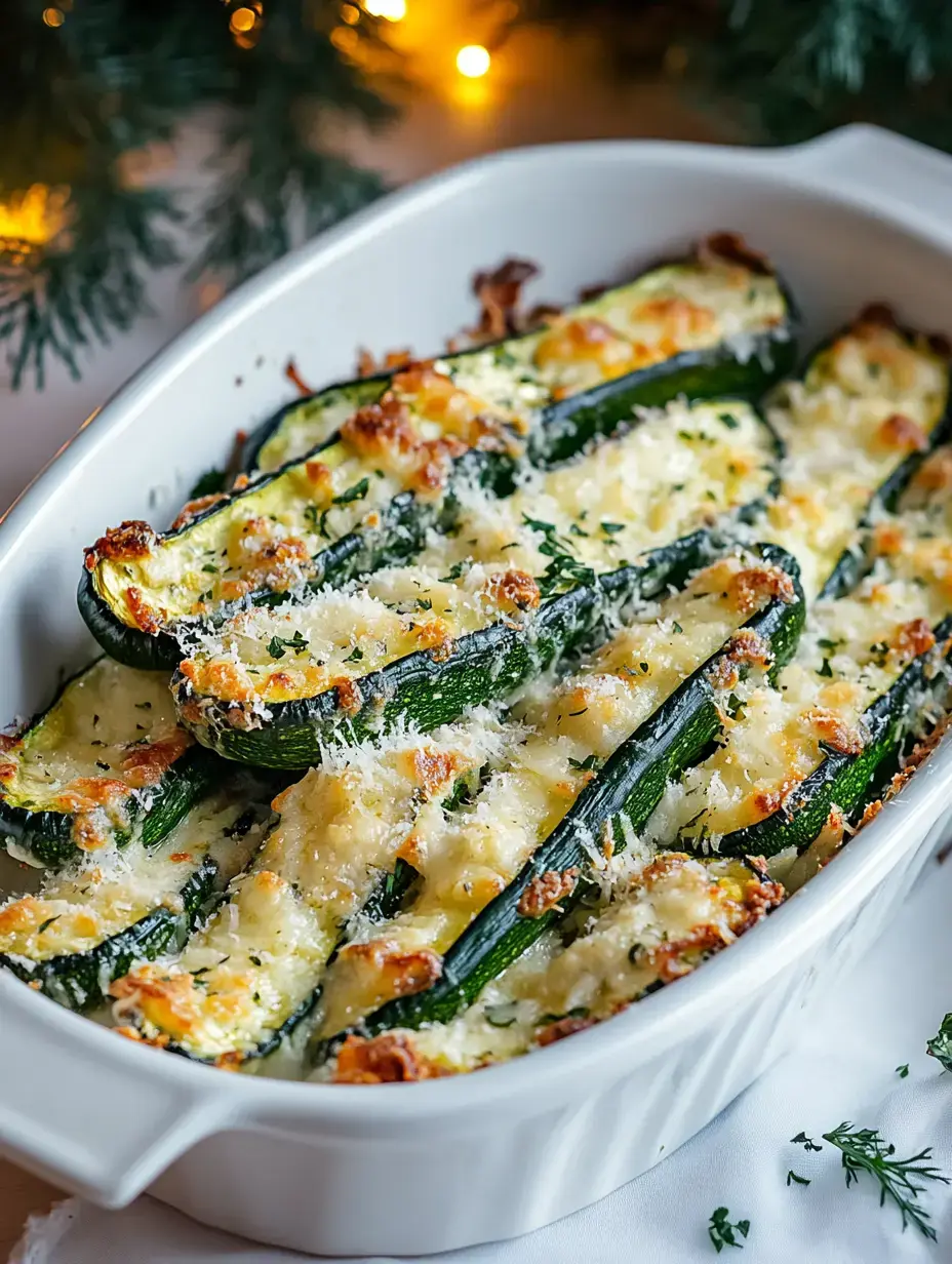 A baking dish filled with golden-brown, cheesy zucchini boats topped with herbs and breadcrumbs.