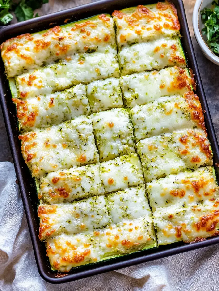 A baked dish featuring rectangular pieces of cheesy, pesto-covered zucchini slices arranged in a baking tray.