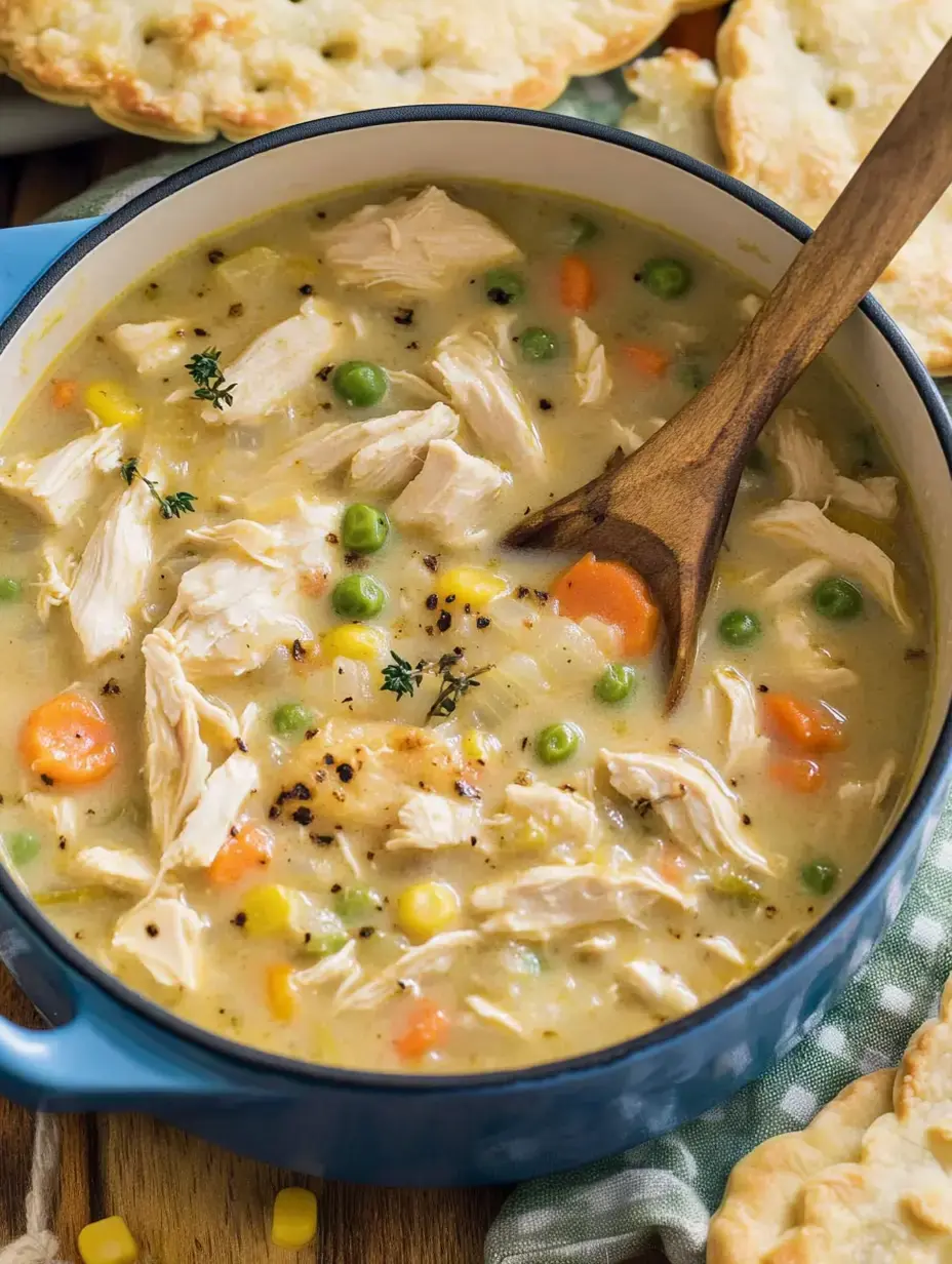 A bowl of creamy chicken soup with shredded chicken, peas, corn, and carrots, accompanied by flaky biscuits.