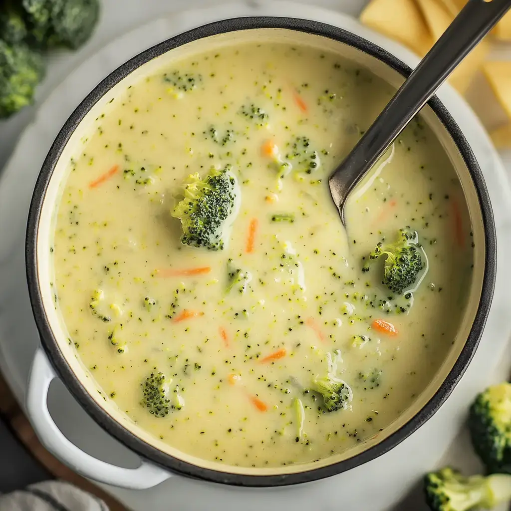 A creamy bowl of broccoli cheese soup with chunks of broccoli and carrot pieces, accompanied by a metal spoon.