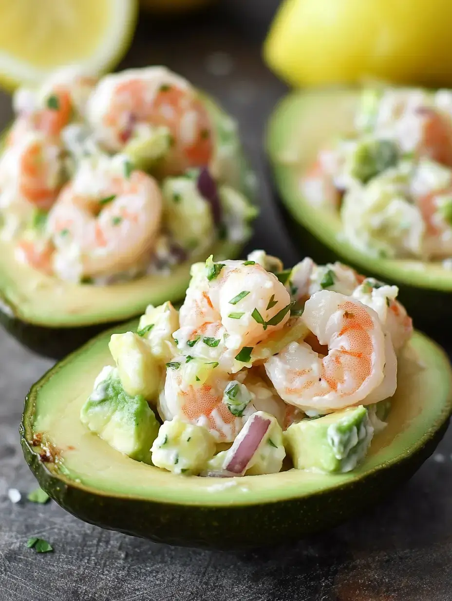 Three halved avocados filled with a shrimp and avocado salad, garnished with herbs, are displayed against a dark background with lemon slices in the background.