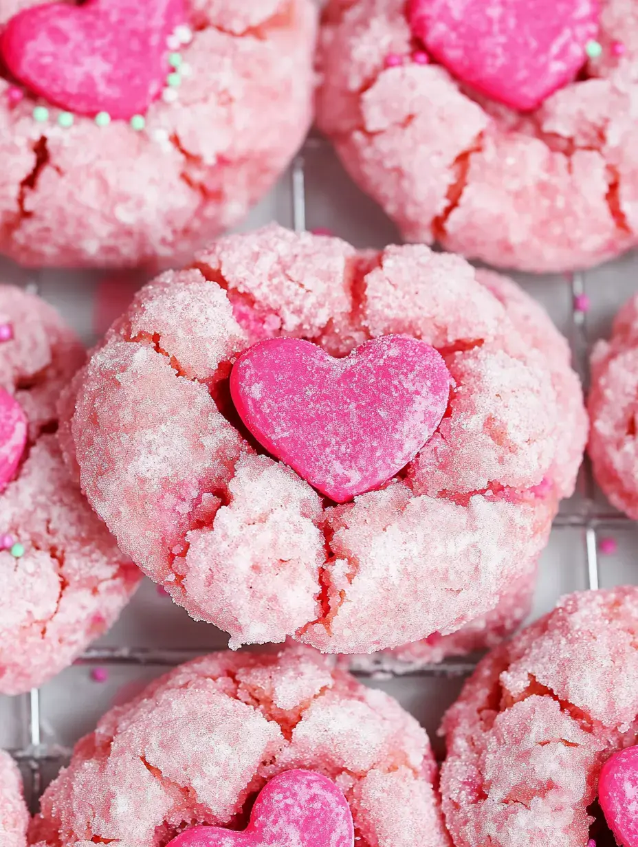 A close-up of pink, sugary cookies decorated with heart-shaped candy in the center.