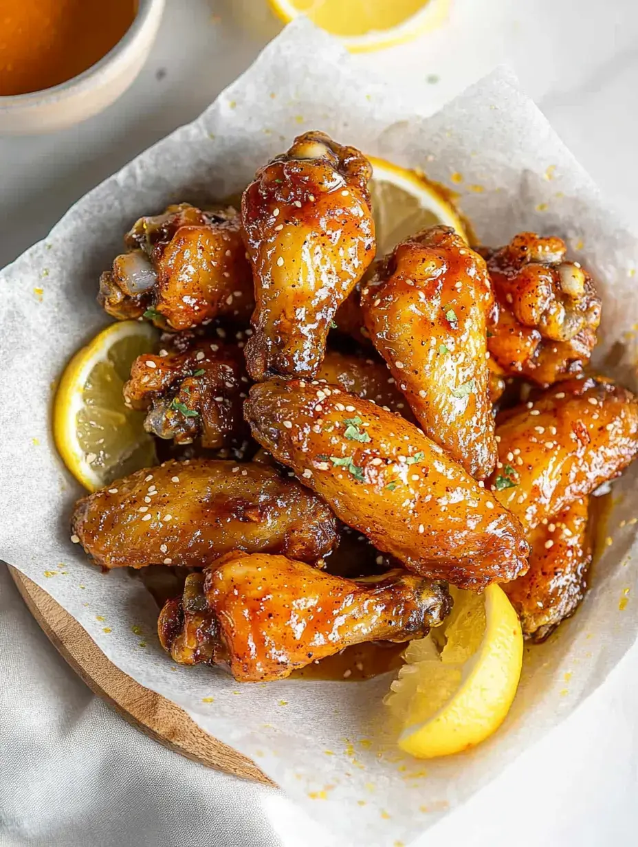 A close-up of glazed chicken wings garnished with sesame seeds and fresh lemon slices on a bed of parchment paper.