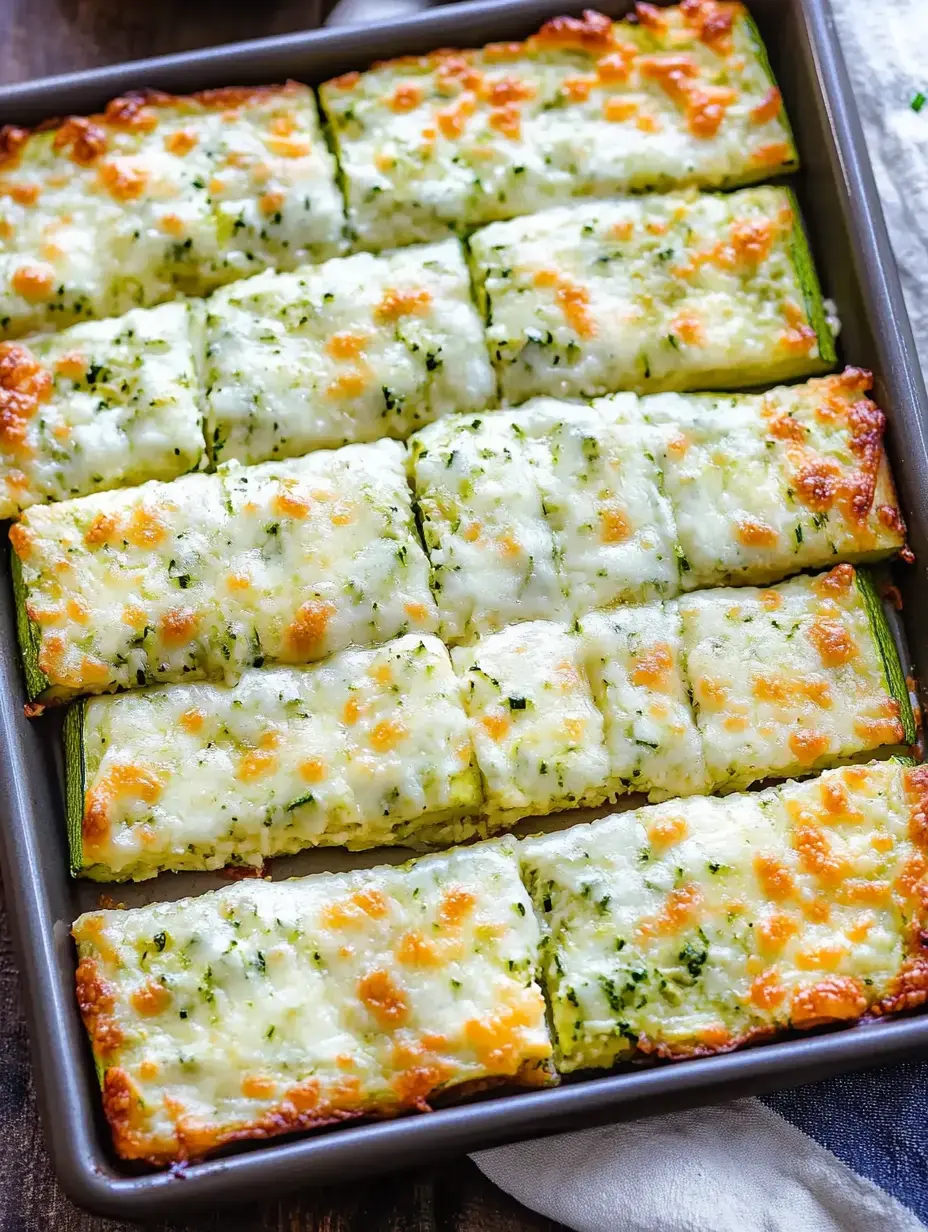 A rectangular baking pan filled with neatly cut pieces of baked zucchini topped with melted cheese and herbs.