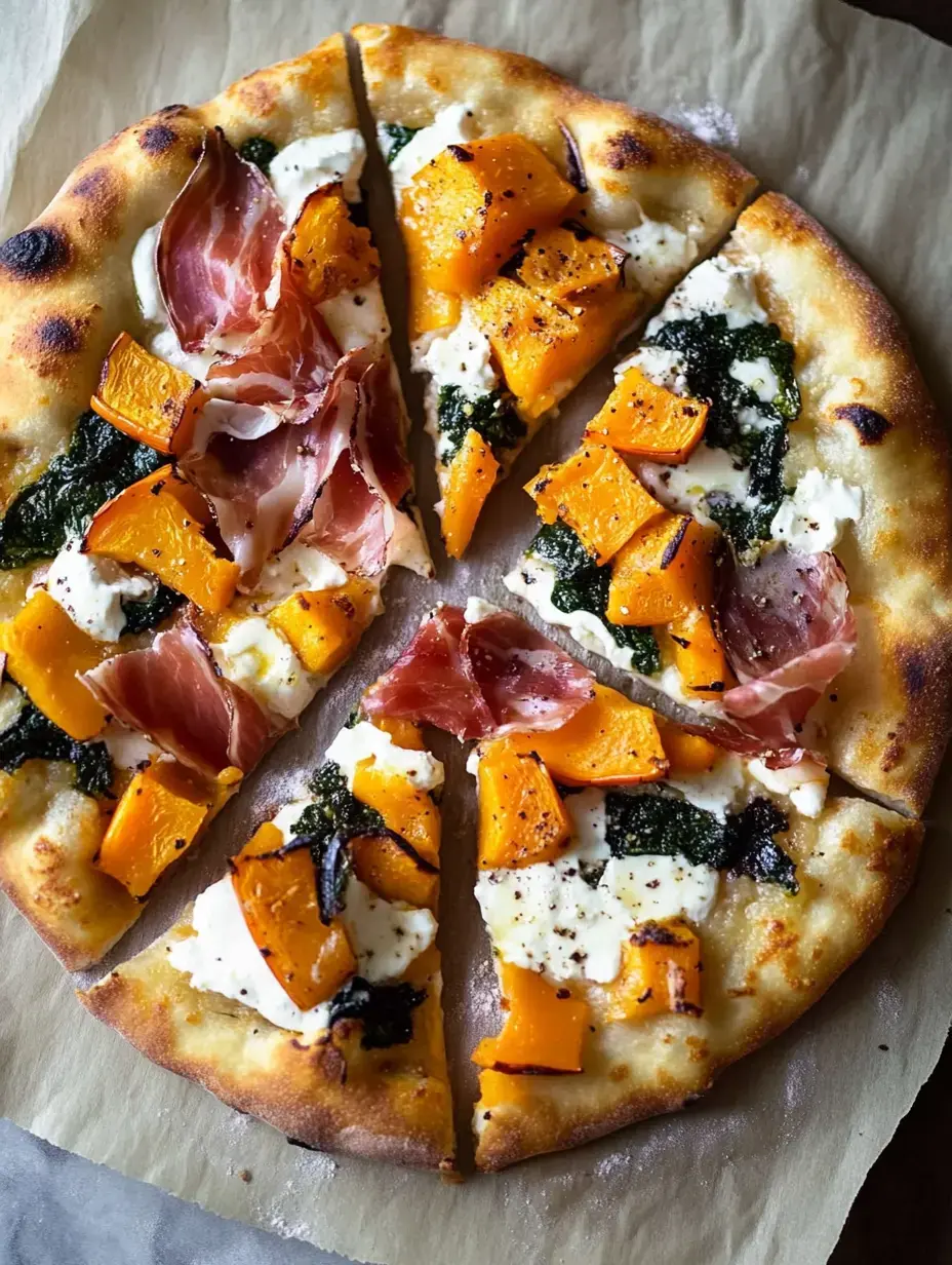 A sliced pizza topped with roasted butternut squash, greens, ricotta cheese, and slices of prosciutto on a parchment paper surface.