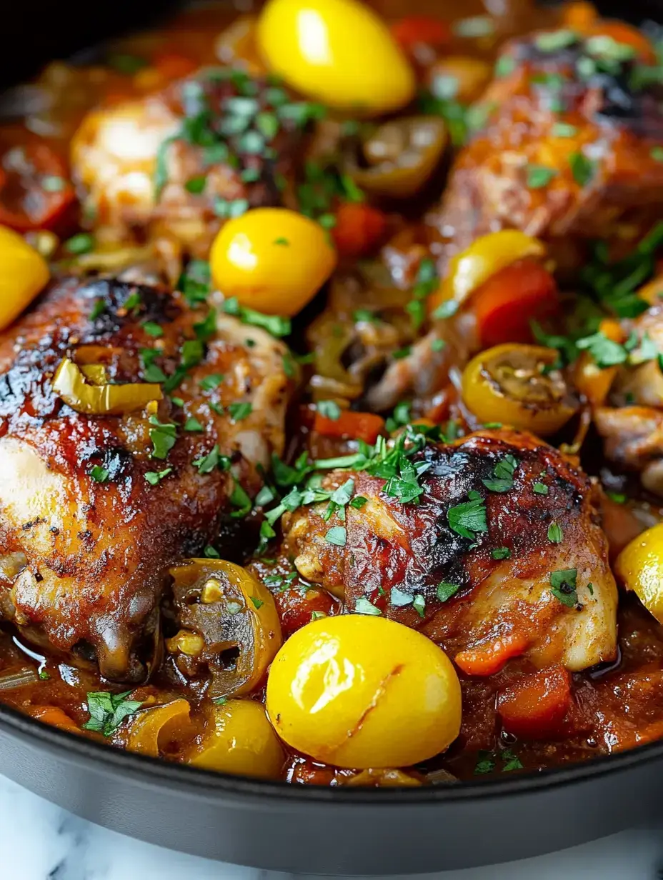 A close-up of a savory chicken dish cooked with tomatoes, yellow cherry tomatoes, green olives, and garnished with fresh parsley.