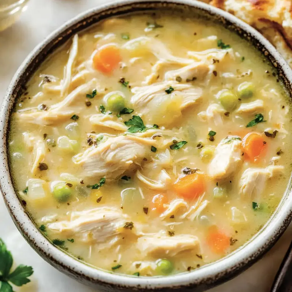 A bowl of creamy chicken soup with shredded chicken, vegetables, and herbs, accompanied by a piece of toasted bread.