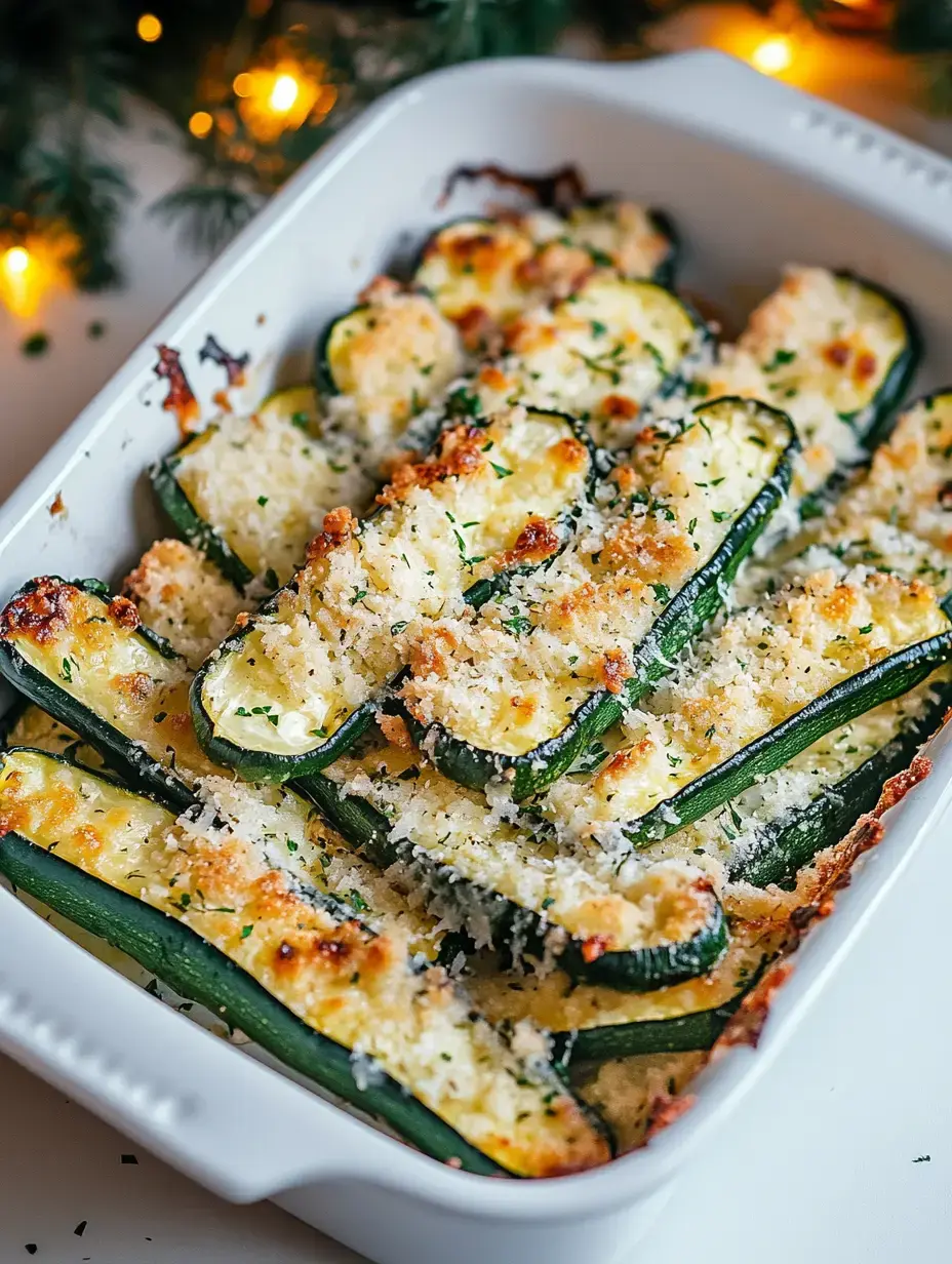 A dish of baked zucchini topped with golden breadcrumbs and herbs sits in a white casserole dish.