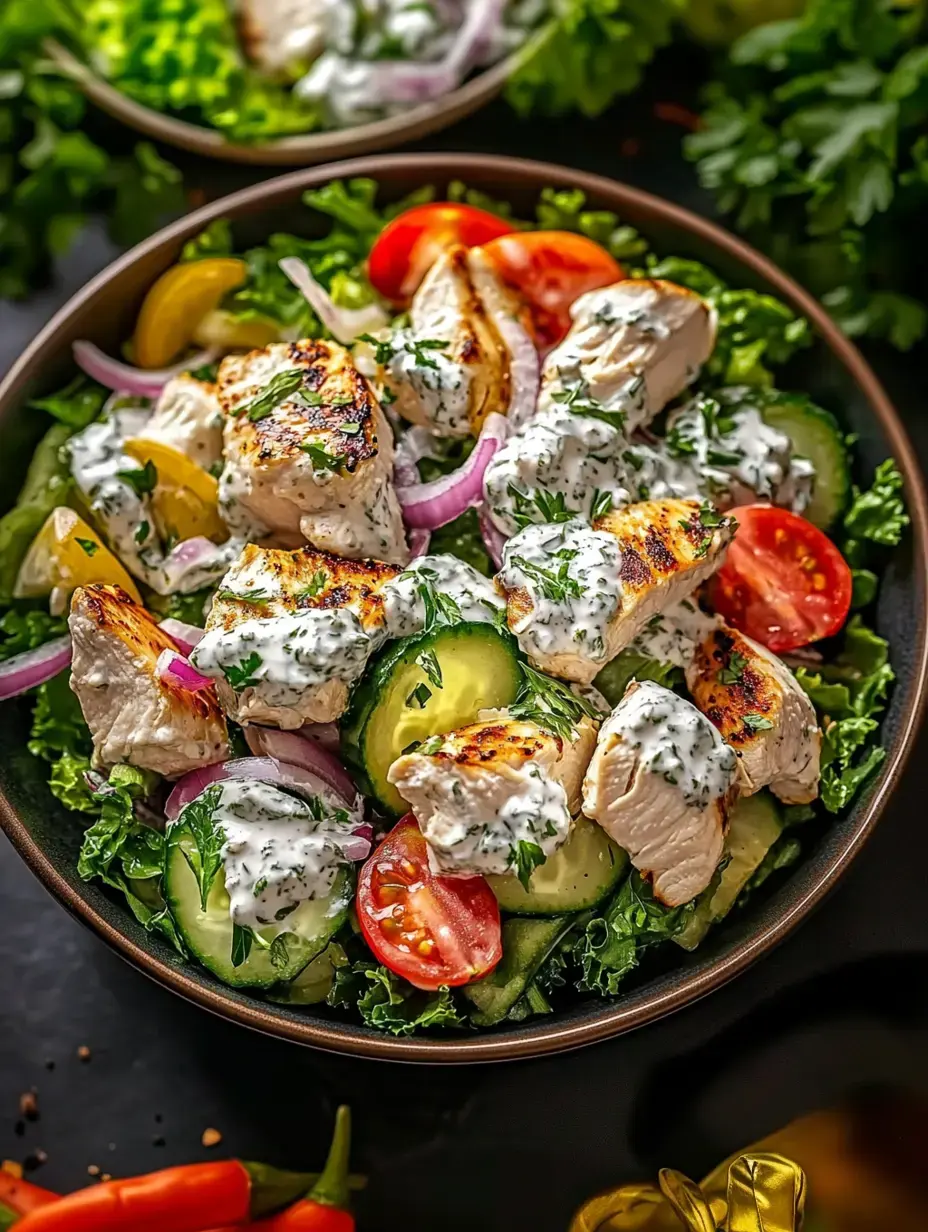 A colorful salad featuring grilled chicken pieces, cucumbers, cherry tomatoes, sliced red onions, and a creamy herb dressing on a bed of leafy greens.