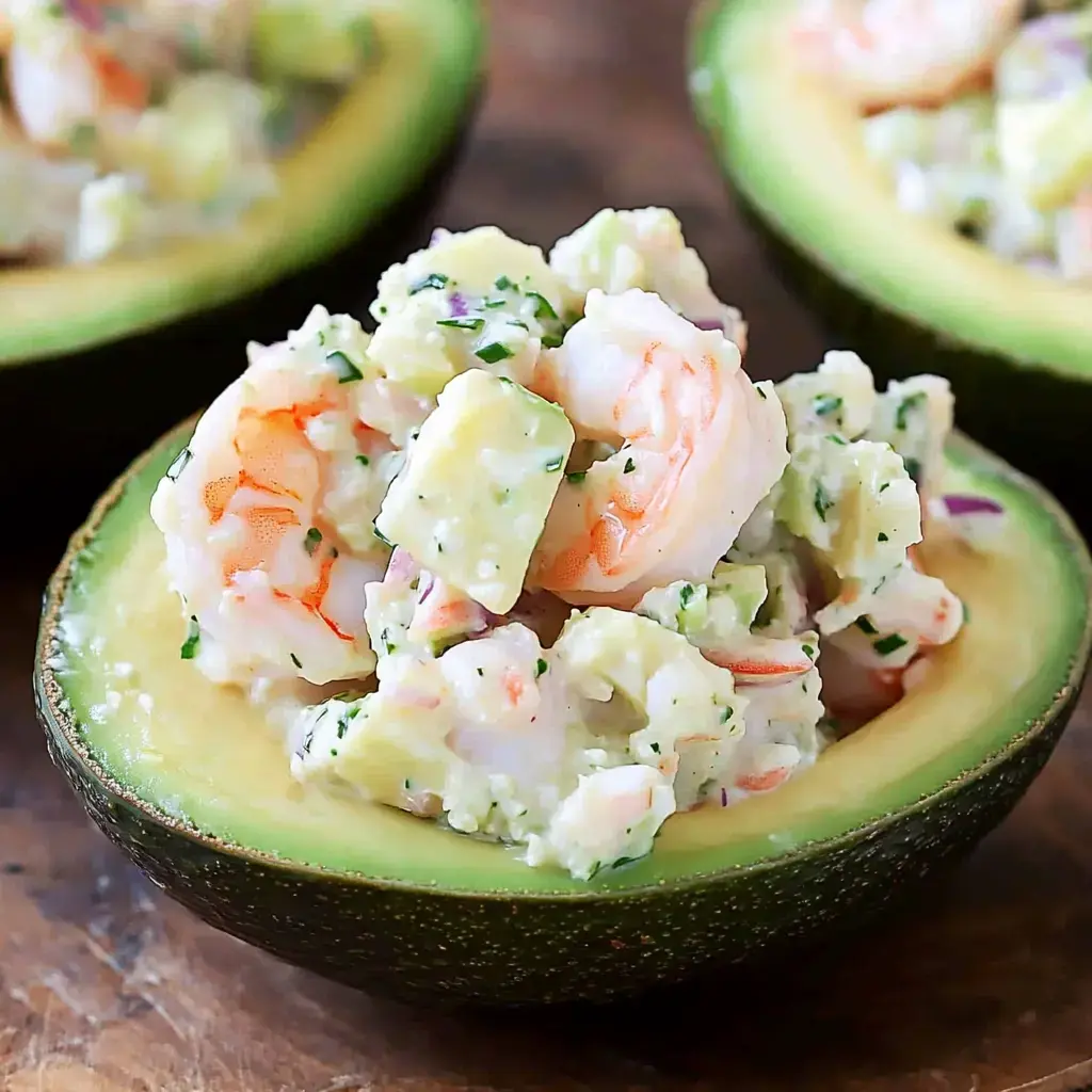 A halved avocado filled with a mixture of shrimp, diced vegetables, and herbs.