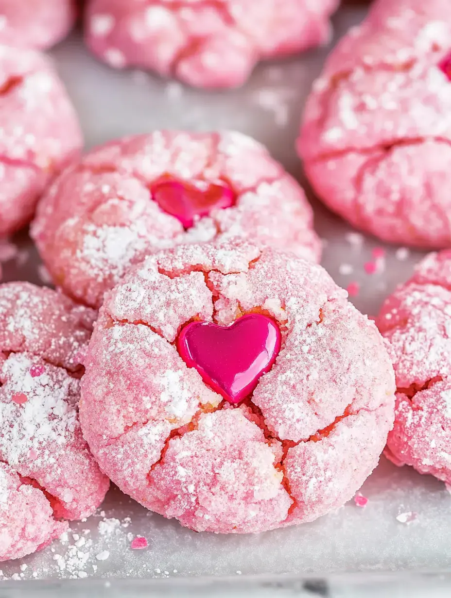 A close-up of pink cookies dusted with powdered sugar, each featuring a bright pink heart shape in the center.