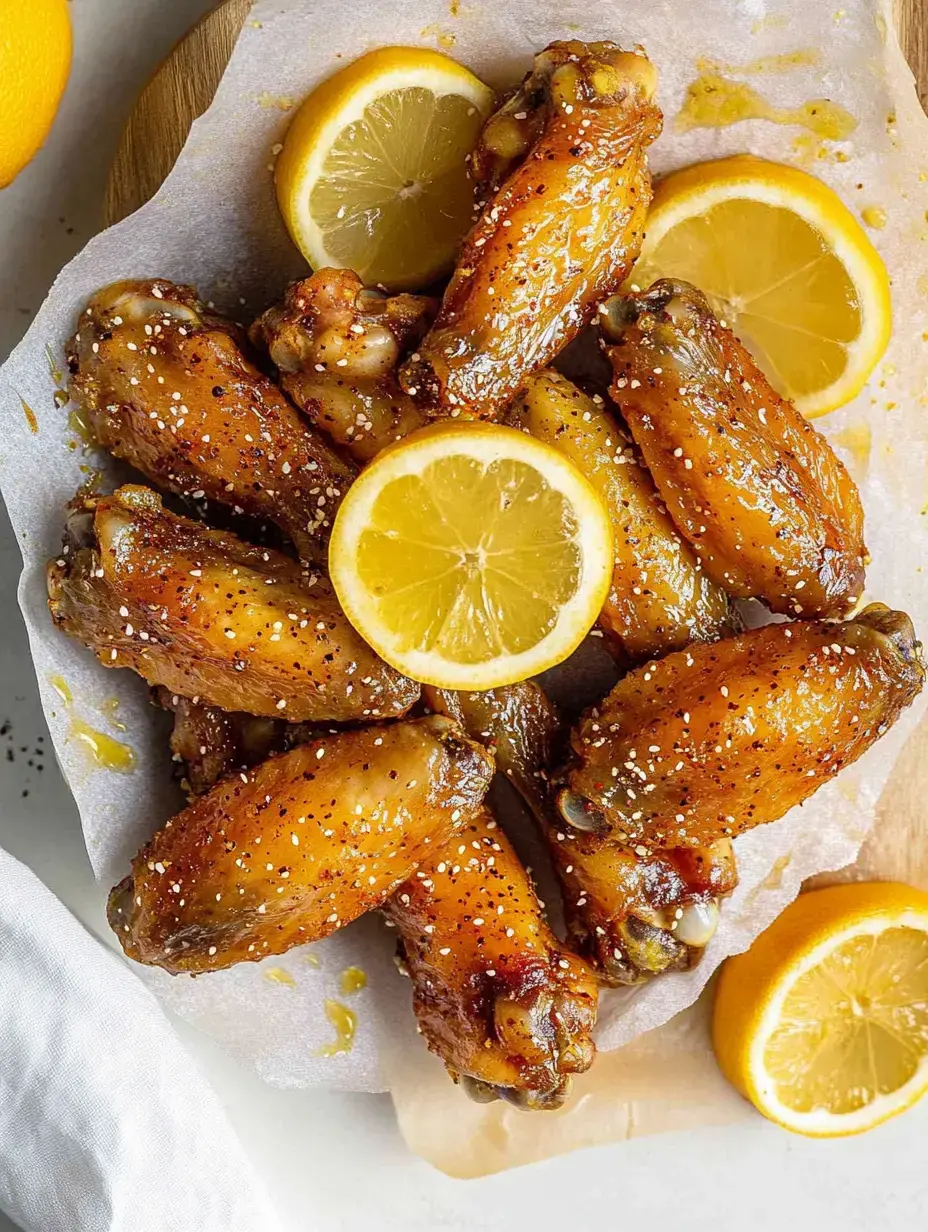 A platter of golden-brown chicken wings garnished with lemon slices and sprinkled with seasoning.