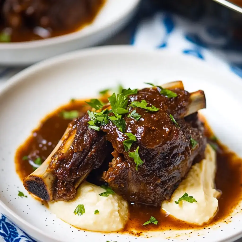 A plate of braised short ribs garnished with parsley, served over creamy mashed potatoes and drizzled with rich sauce.