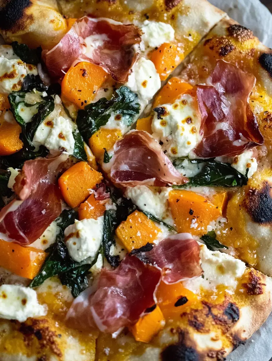 A close-up of a gourmet pizza featuring orange butternut squash, fresh spinach, dollops of ricotta cheese, and slices of prosciutto on a thin, crispy crust.