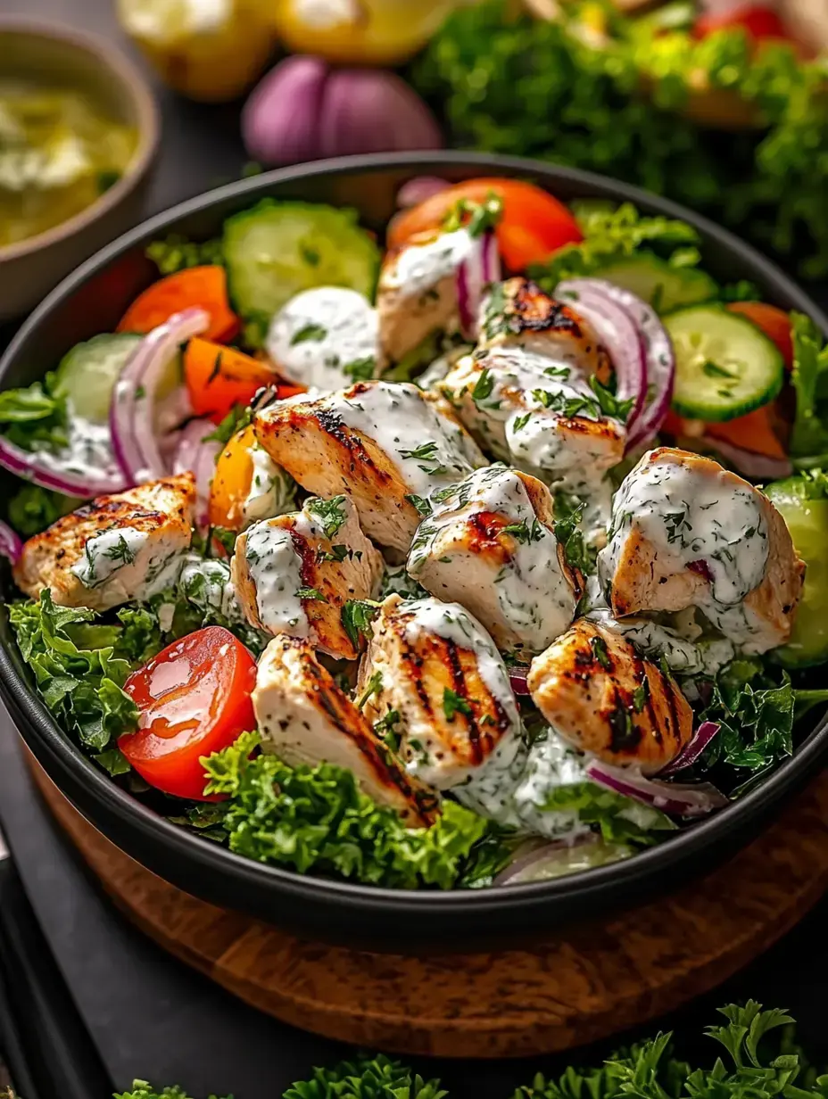 A vibrant salad featuring grilled chicken, fresh vegetables, and a creamy dressing, served in a black bowl.