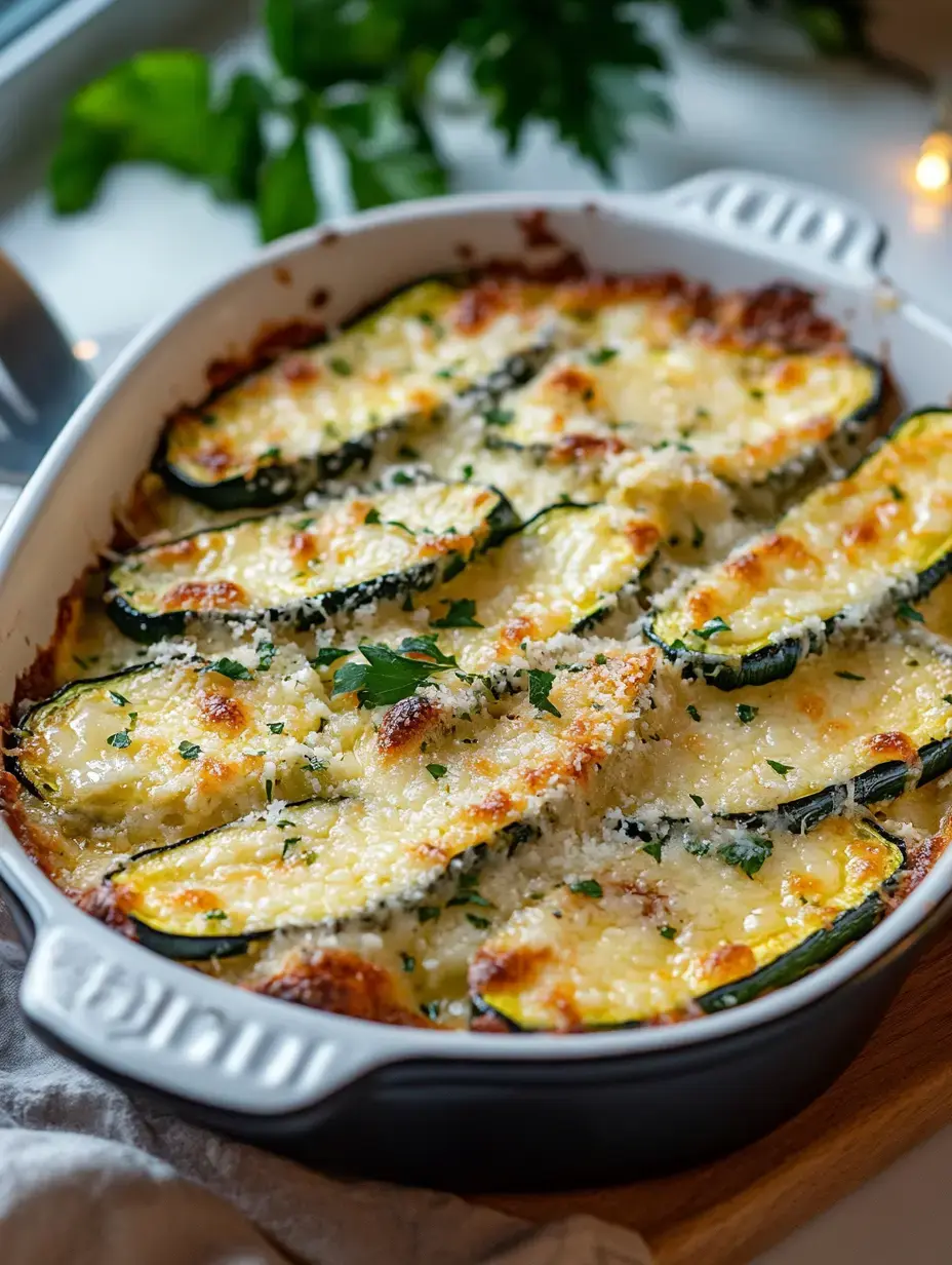 A baked dish of zucchini slices topped with melted cheese and garnished with parsley.