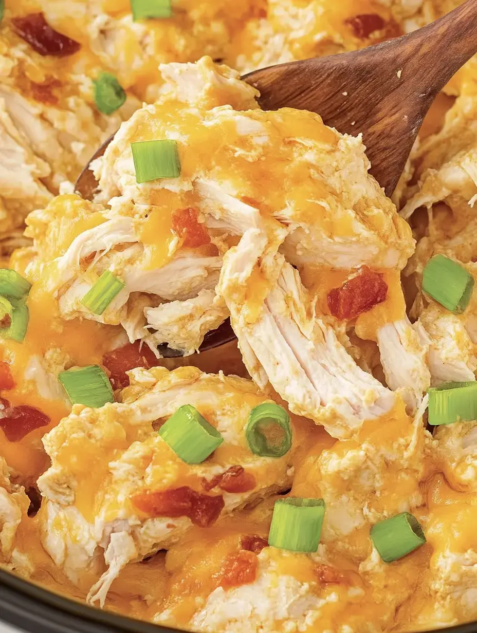 A close-up view of shredded chicken mixed with melted cheese, garnished with green onion and a hint of salsa.