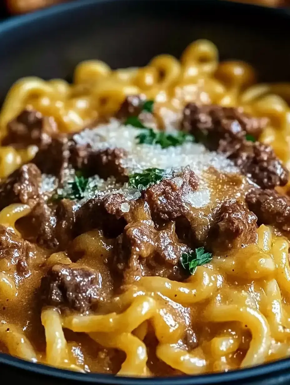 A close-up of spiraled pasta topped with beef pieces, garnished with parsley and sprinkled with cheese in a dark bowl.