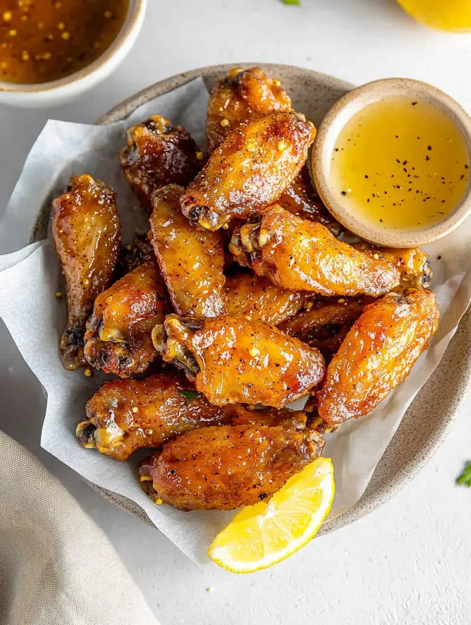 A plate of juicy, glazed chicken wings is garnished with a lemon wedge, accompanied by a small bowl of dipping sauce.