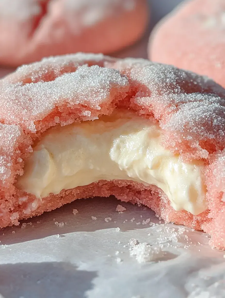 A close-up of a pink cookie coated in sugar, revealing a creamy filling inside.