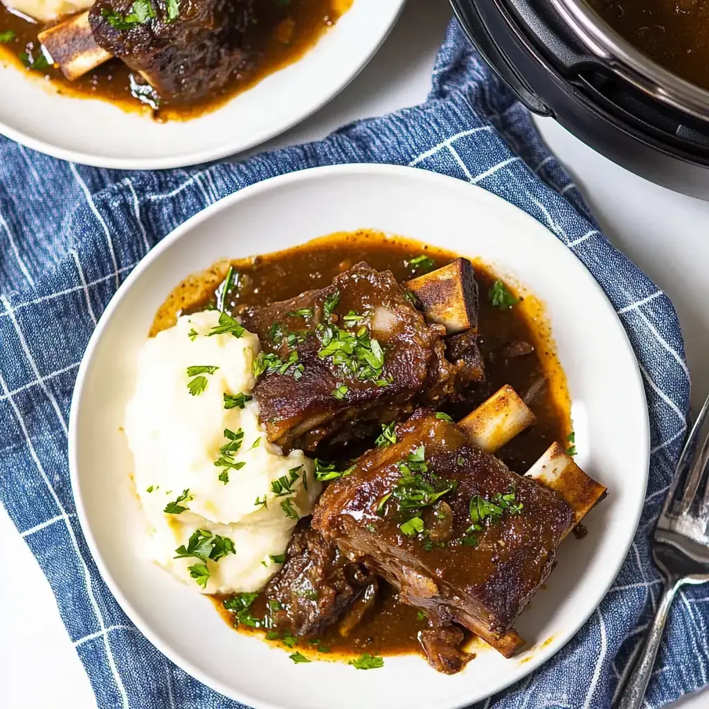 A plate of tender braised short ribs served with creamy mashed potatoes and garnished with fresh herbs on a blue checkered napkin.