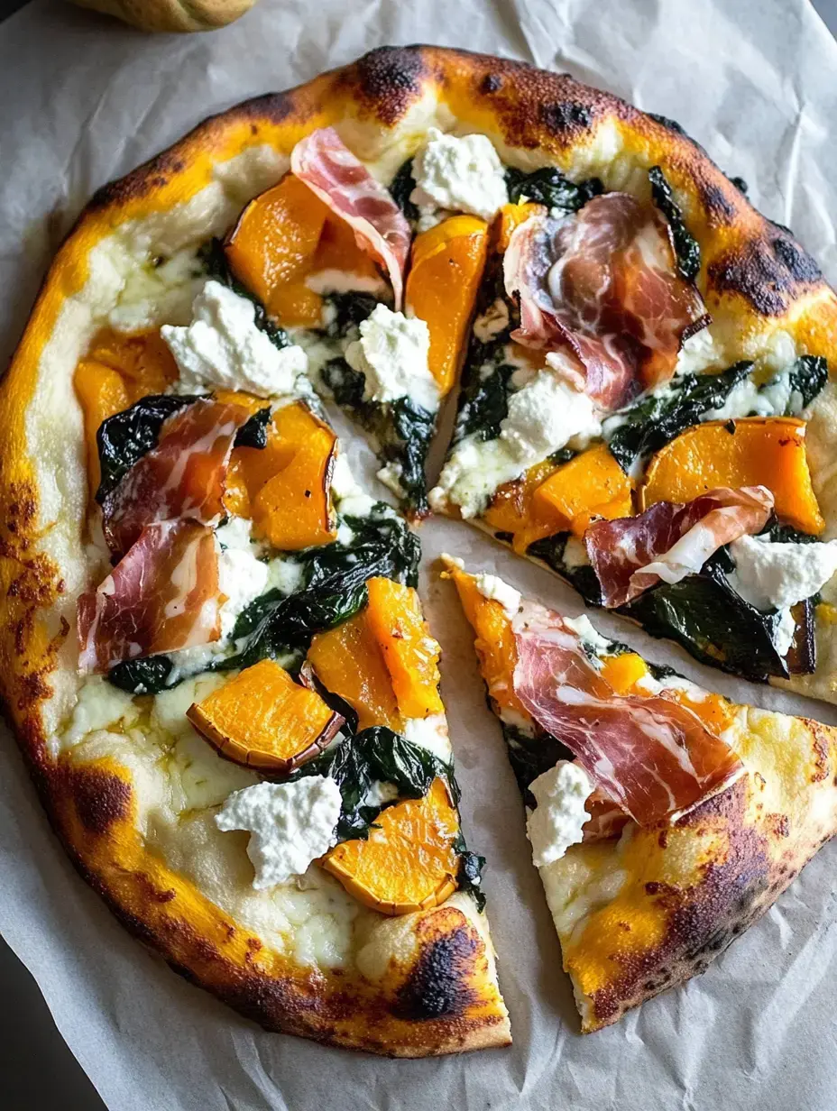 A freshly baked pizza topped with slices of butternut squash, prosciutto, ricotta cheese, and wilted greens, with one slice cut out.